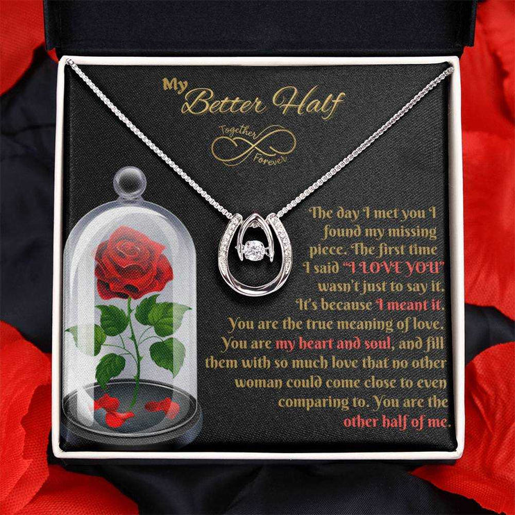 lucky in love necklace in soft box with rose pedals