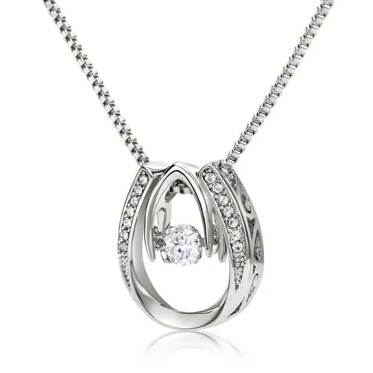 white gold lucky in love necklace showing sideways view