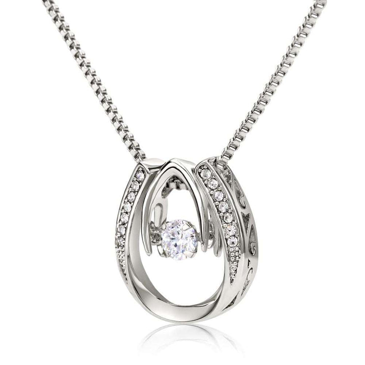 lucky in love necklace up close of charm standing upright
