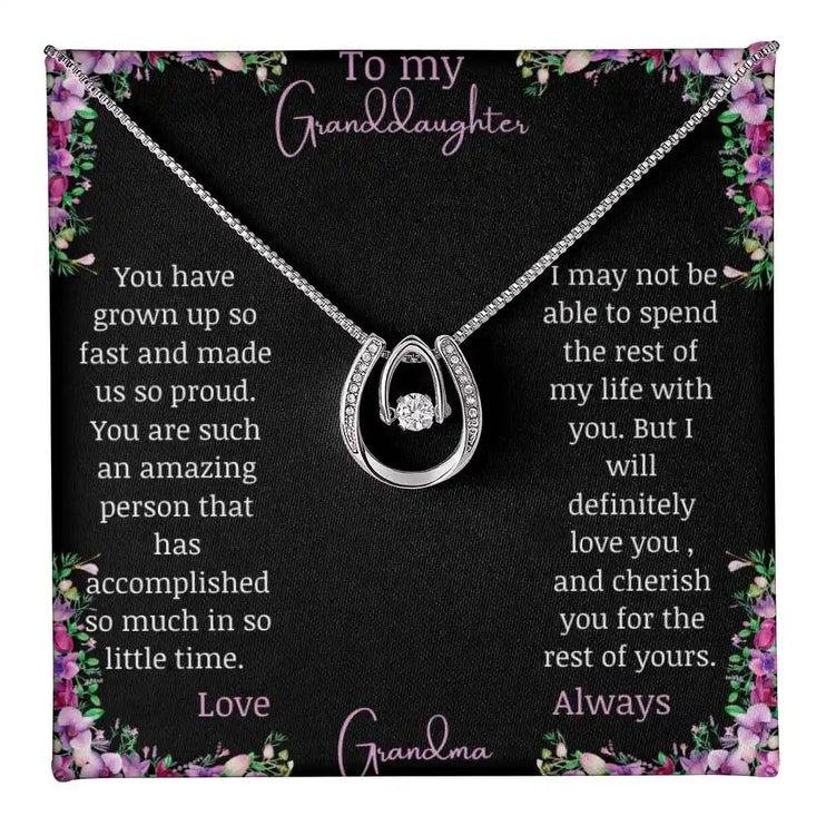 Lucky In Love Necklace with a white gold charm with a to granddaughter from grandma greeting card