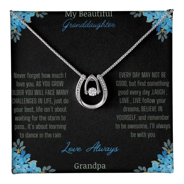 Lucky In Love Necklace with a white gold charm on a to granddaughter from grandpa greeting card