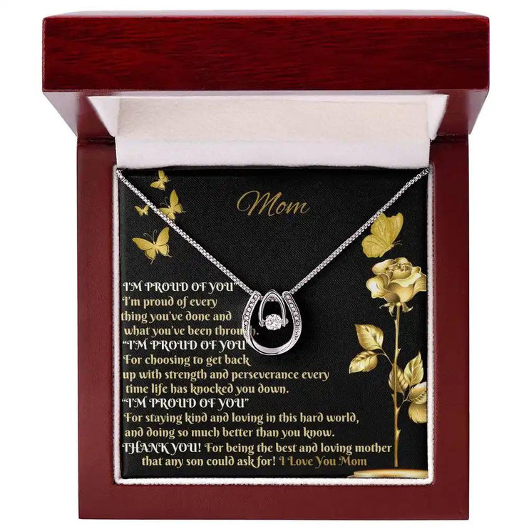 lucky in love necklace in mahogany box up close