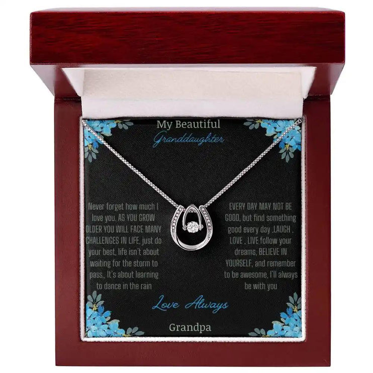 Lucky In Love Necklace with a white gold charm on a to granddaughter from grandpa greeting card in a mahogany box 