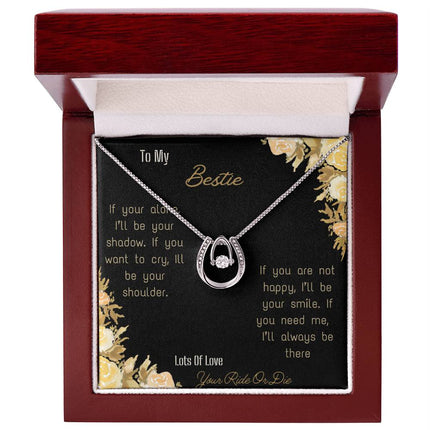 lucky in love necklace with greeting card for bestie in mahogany box front angle 1