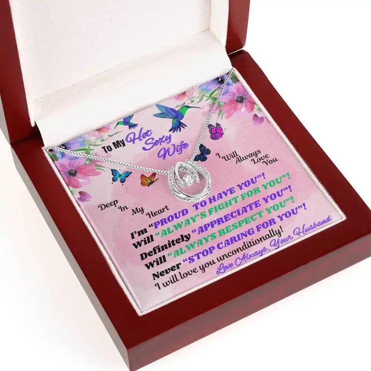 white gold lucky in love necklace in mahogany box angled left