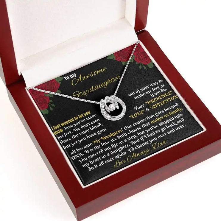white gold lucky in love necklace in mahogany box angled left