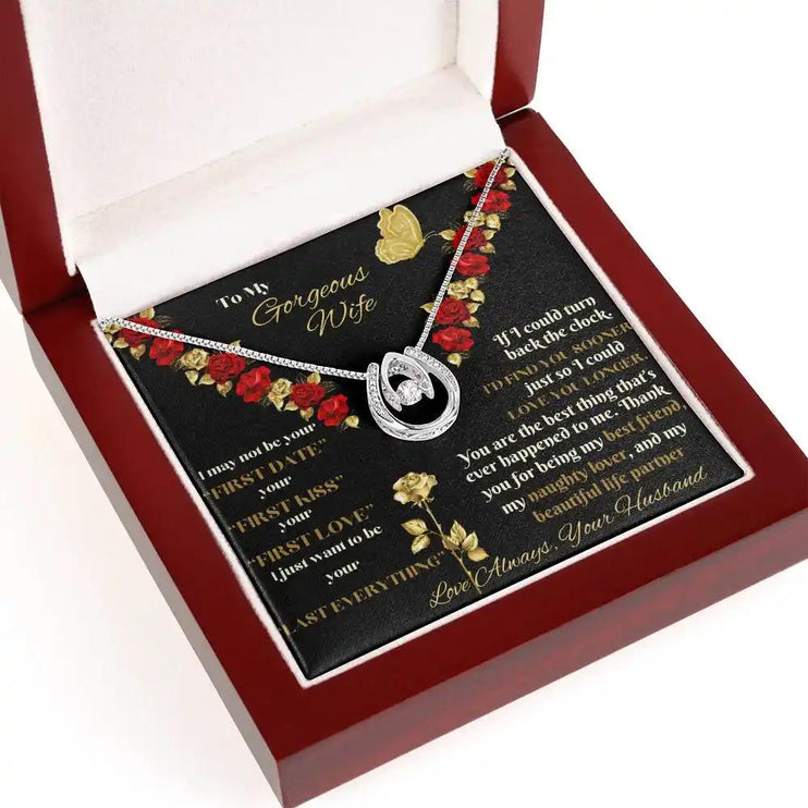 white gold lucky in love necklace in mahogany box angled left