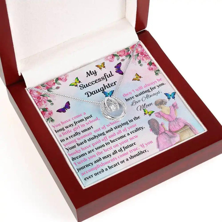 white gold lucky in love necklace in mahogany box angled left