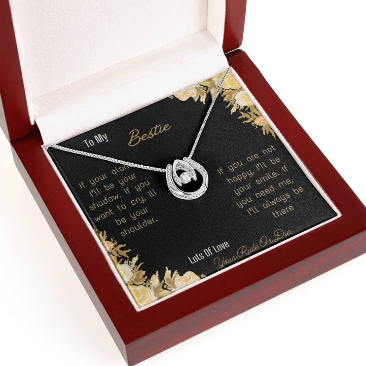 lucky in love necklace with greeting card for bestie in mahogany box side angle