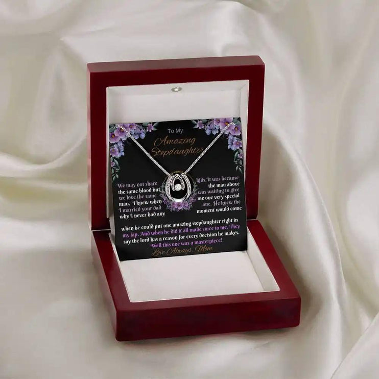 white gold lucky in love necklace in mahogany box on white cloth