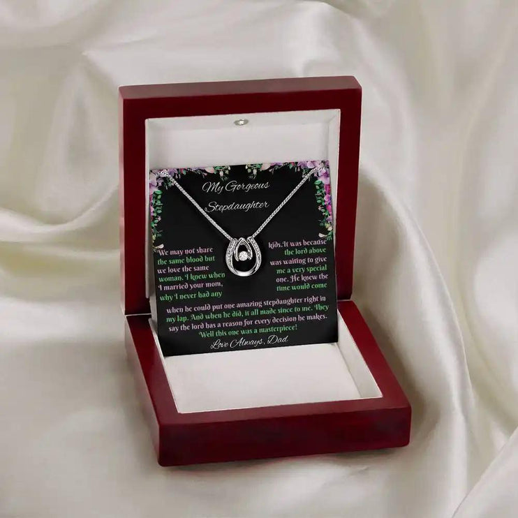 white gold lucky in love necklace in mahogany box on white cloth
