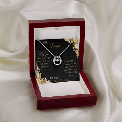lucky in love necklace with greeting card for bestie in mahogany box far view