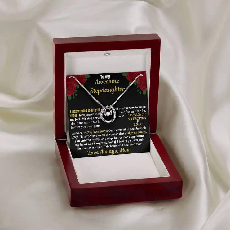 white gold lucky in love necklace in mahogany box on white cloth