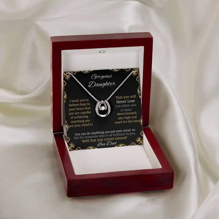 Lucky In Love Necklace with a white gold charm in a mahogany box angle 3