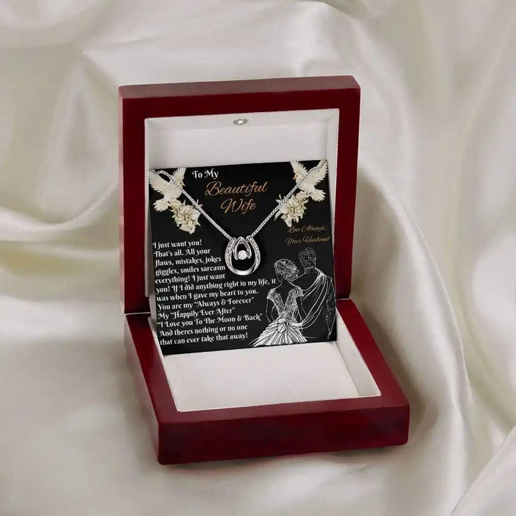 white gold lucky in love necklace in a mahogany box