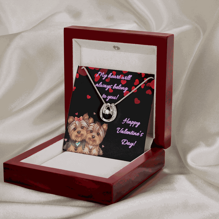 lucky in love necklace in a mahogany box with LED light on