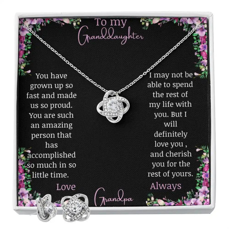 Love Knot Necklace Love Knot Earring Set with a white gold pendant and a to granddaughter from grandma greeting card with earrings at the bottom