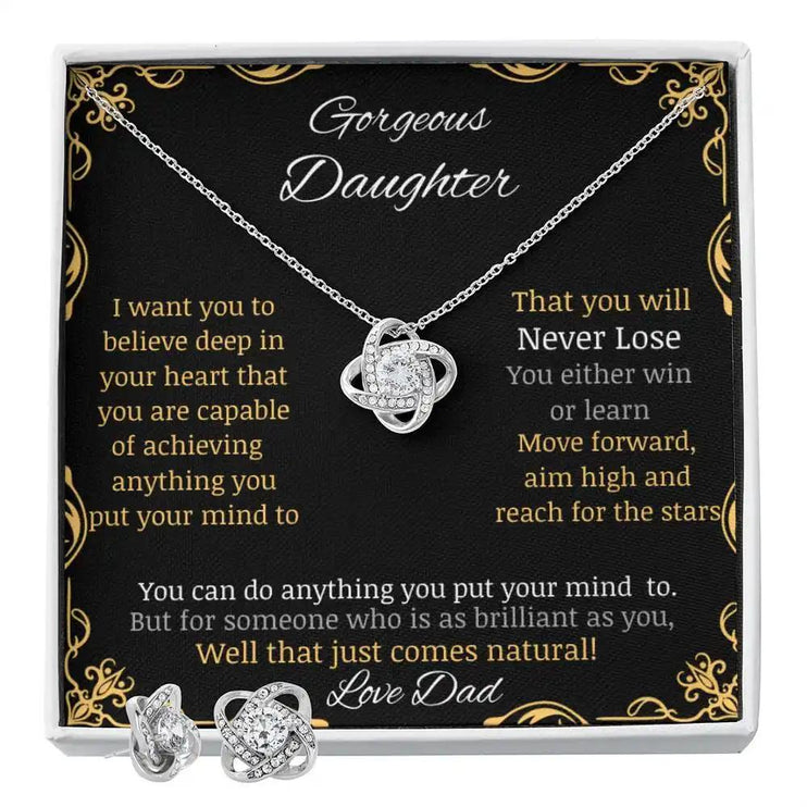 Love Knot Necklace Love Knot Earring Set with a white gold charm and a two-tone box angle 1
