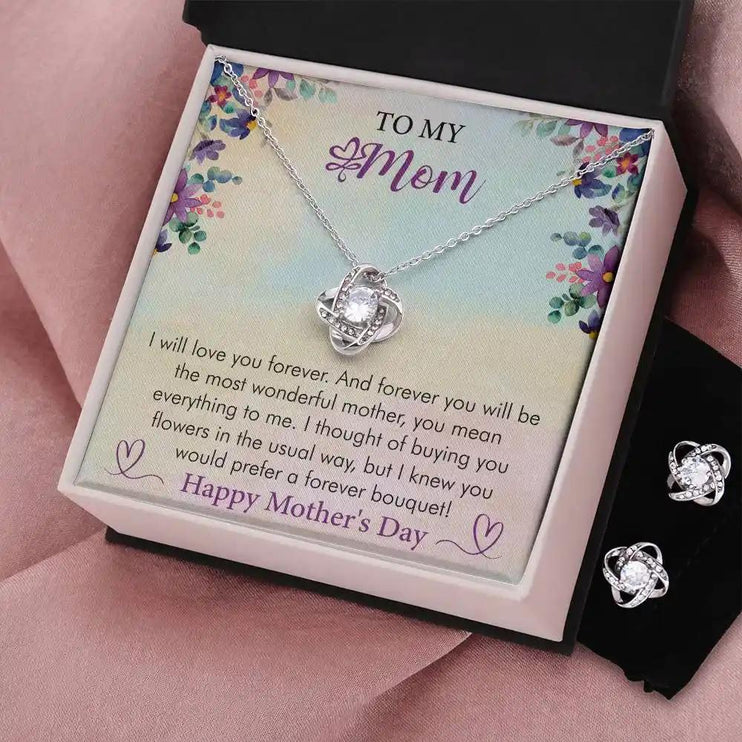 Love Knot Necklace with Love Knot Earring Set in a two-tone box