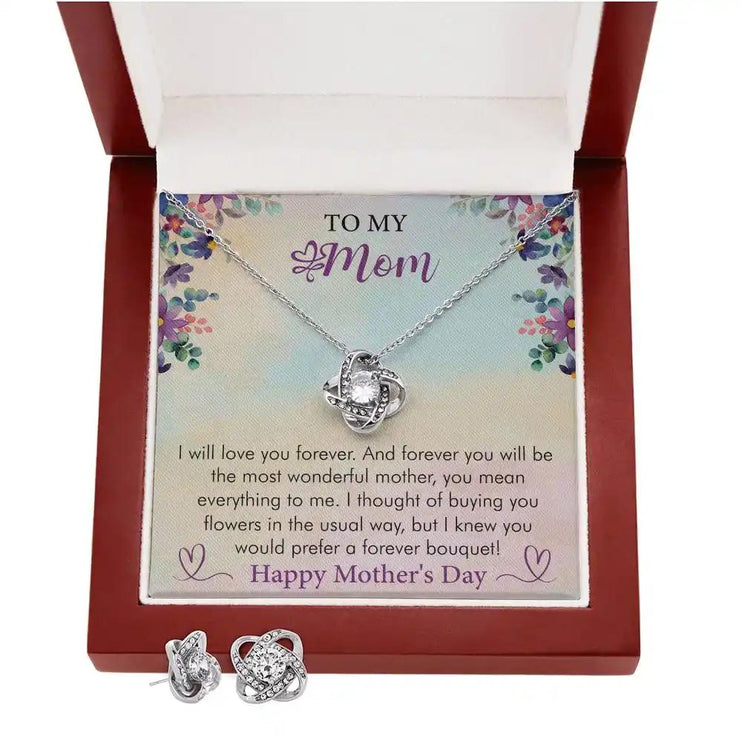Love Knot Necklace with Love Knot Earring Set in a mahogany box over view