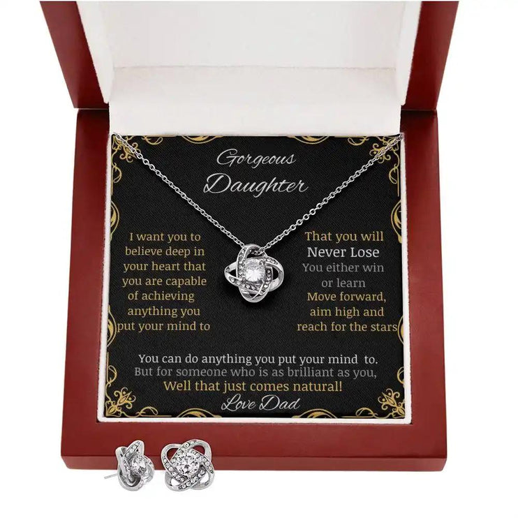 Love Knot Necklace Love Knot Earring Set with a white gold charm and a mahogany box angle 1