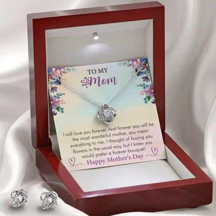 Love Knot Necklace with Love Knot Earring Set in a mahogany box