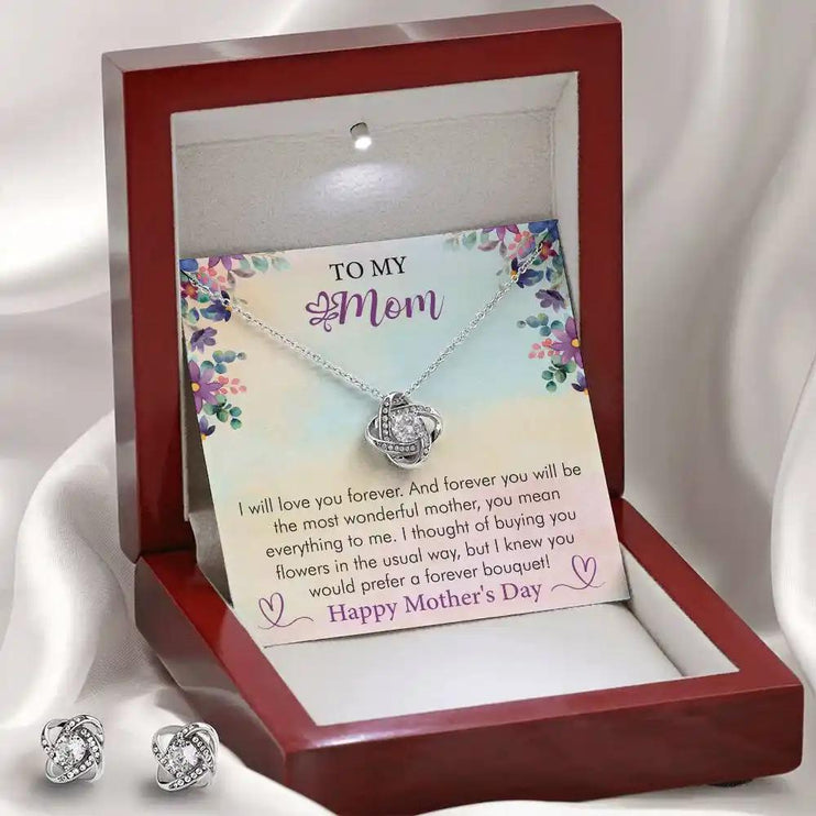 Love Knot Necklace with Love Knot Earring Set in a mahogany box
