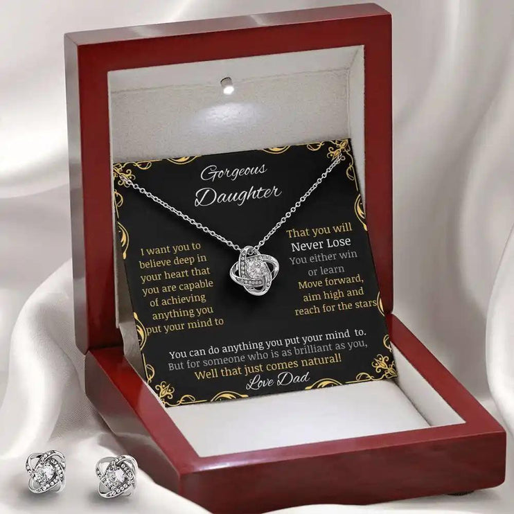 Love Knot Necklace Love Knot Earring Set with a white gold charm and a mahogany box angle 2