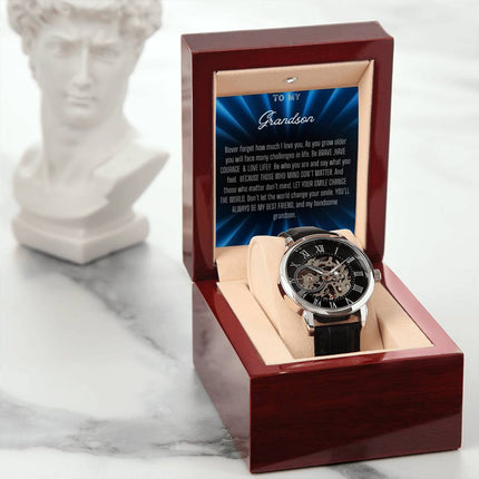 Men's Openwork Watch with silver/black face and black strap in a mahogany box angle 3