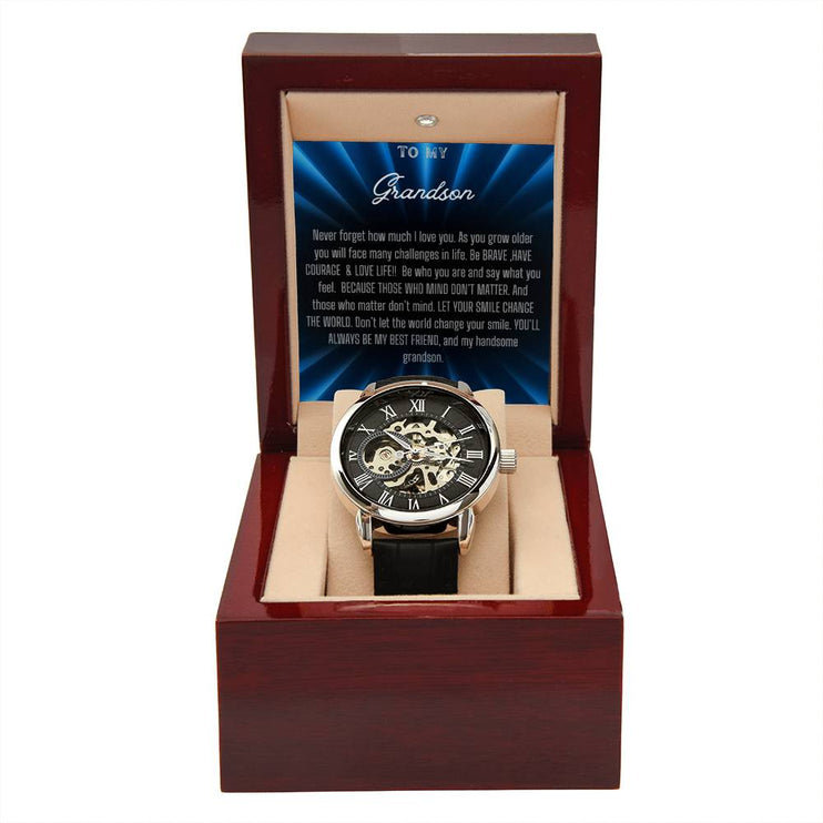 Men's Openwork Watch with silver/black face and black strap in a mahogany box angle 2