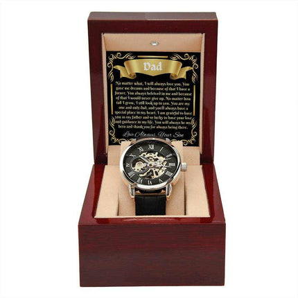 openwork watch in luxury box with white backdrop