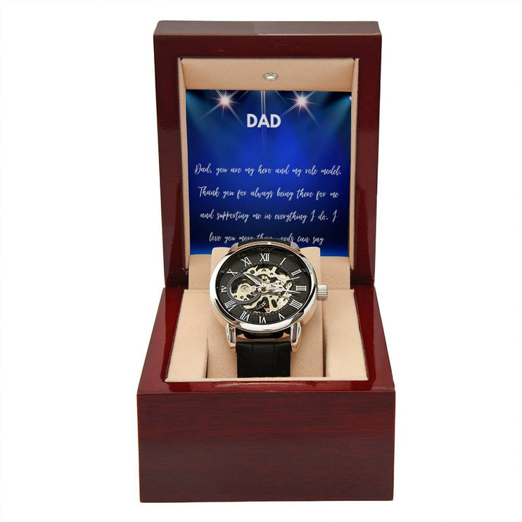 Men's Openwork Watch classic design in a mahogany box with a LED light angle 3
