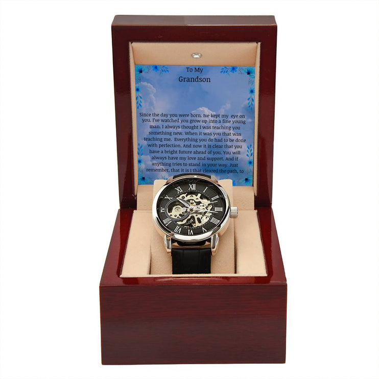 Men's Openwork Watch with a skeleton dial and in a mahogany box with a LED light angle 4