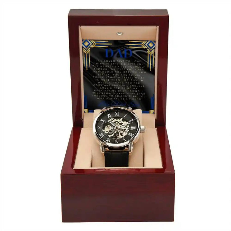 Men's Openwork Watch with to dad greeting card in a mahogany box