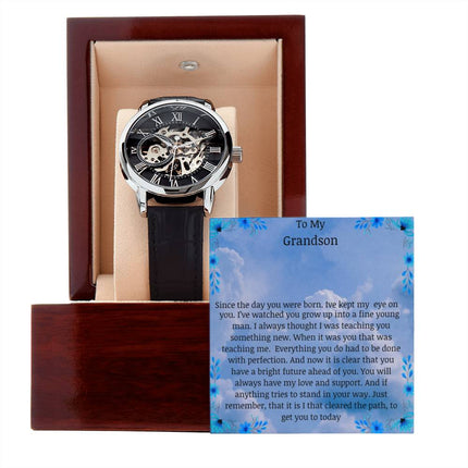Men's Openwork Watch with a skeleton dial and in a mahogany box with a LED light angle 6