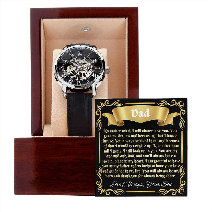 openwork watch in luxury box with white backdrop message card out of box