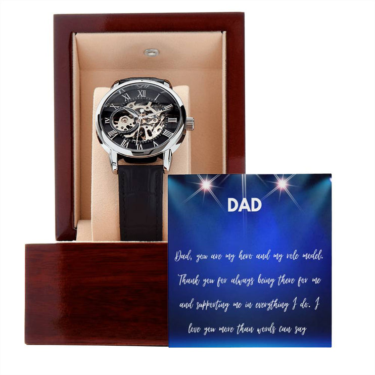 Men's Openwork Watch classic design in a mahogany box with a LED light angle 5