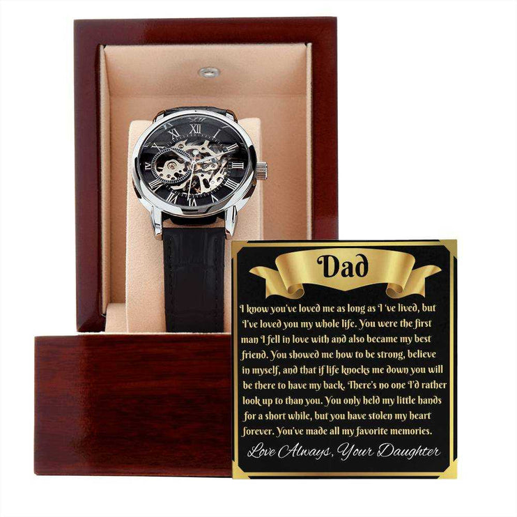 openwork watch in a luxury box with greeting card outside of box