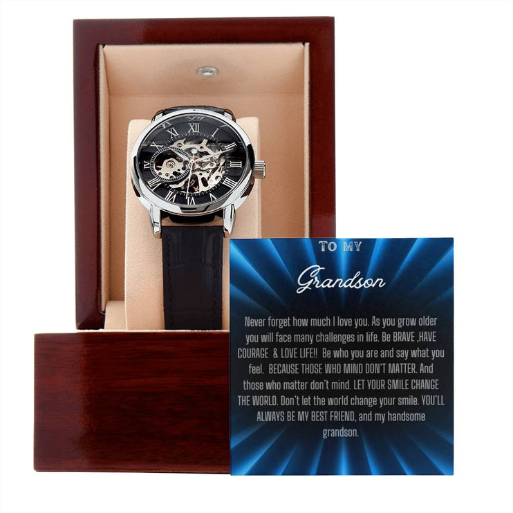 Men's Openwork Watch with silver/black face and black strap in a mahogany box angle 4