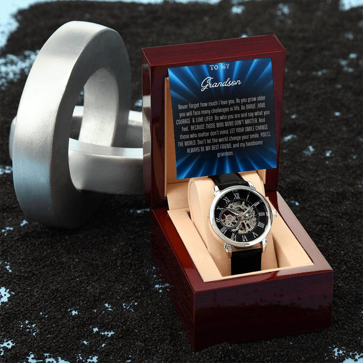 Men's Openwork Watch with silver/black face and black strap in a mahogany box angle 5