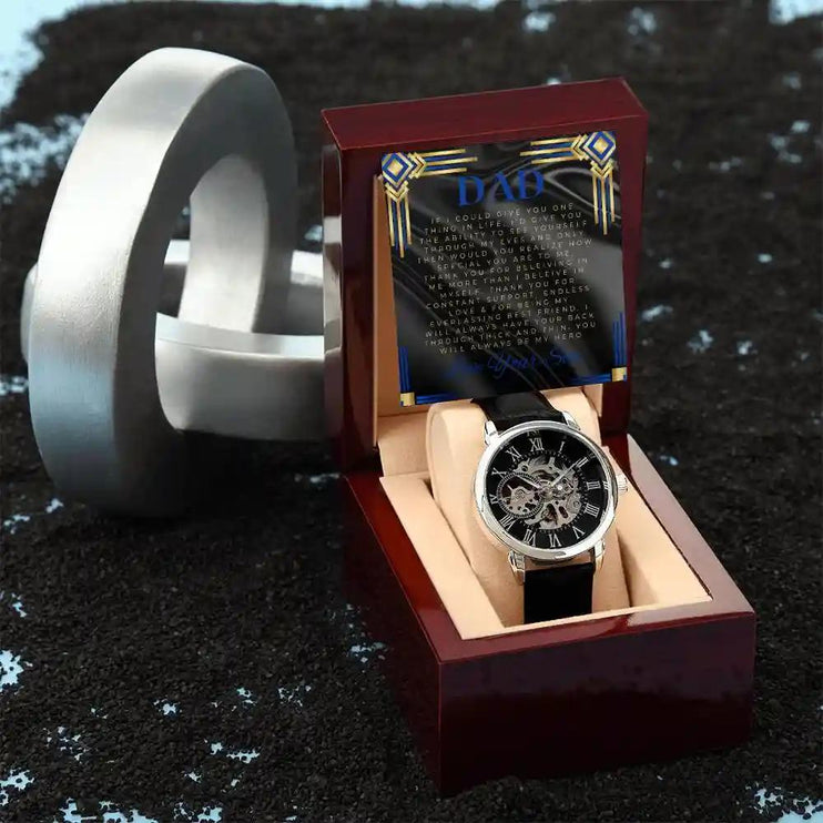 Men's Openwork Watch with to dad greeting card in a mahogany box angled to the left
