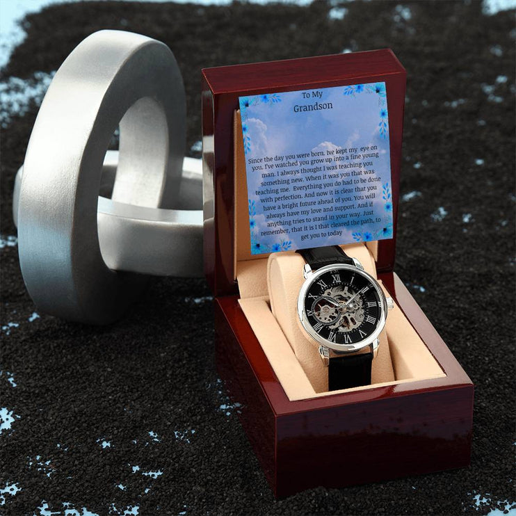 Men's Openwork Watch with a skeleton dial and in a mahogany box with a LED light angle 7