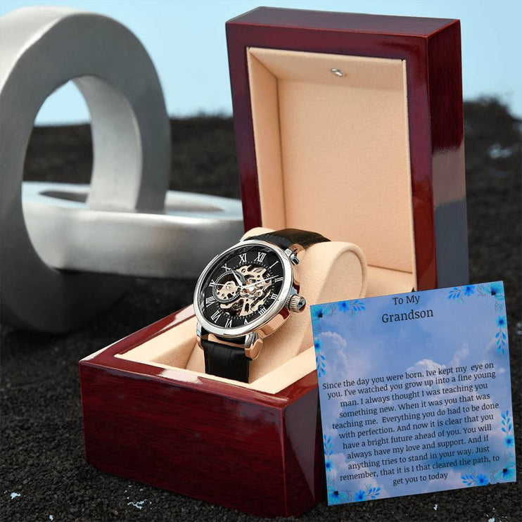Men's Openwork Watch with a skeleton dial and in a mahogany box with a LED light angle 2