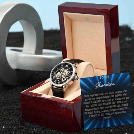 Men's Openwork Watch with silver/black face and black strap in a mahogany box angle 1