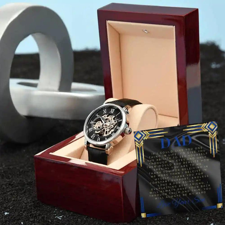 Men's Openwork Watch with to dad greeting card in a mahogany box angled to the right