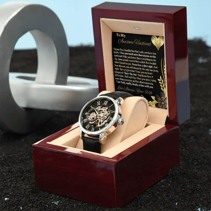 mens openwork watch in mahogany box angled right