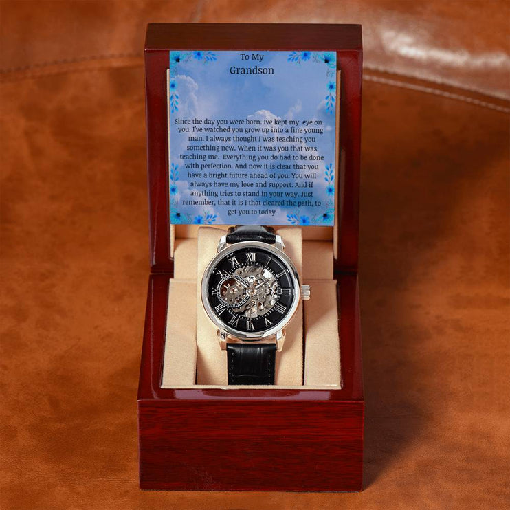 Men's Openwork Watch with a skeleton dial and in a mahogany box with a LED light angle 8
