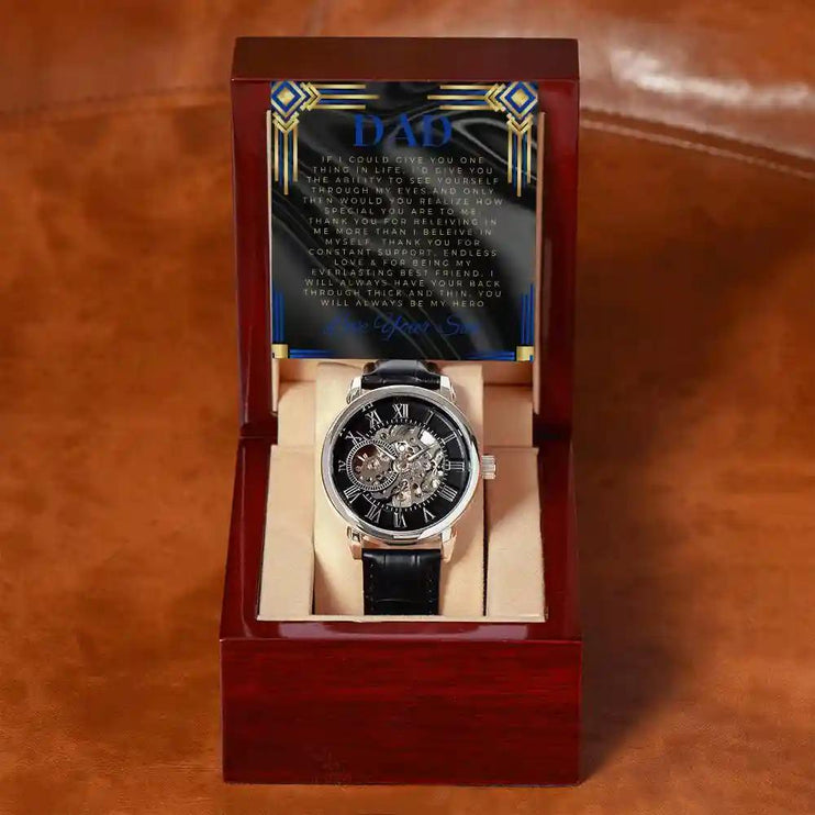 Men's Openwork Watch with to dad greeting card in a mahogany box on a table