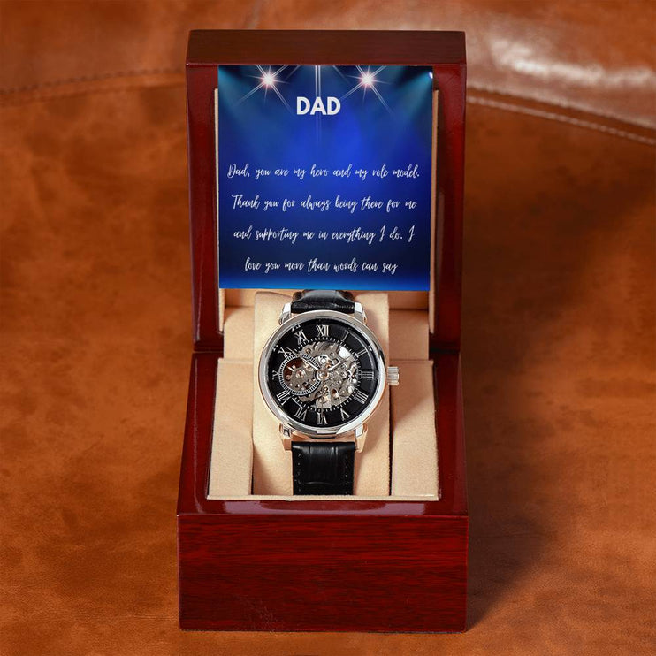 Men's Openwork Watch classic design in a mahogany box with a LED light angle 7