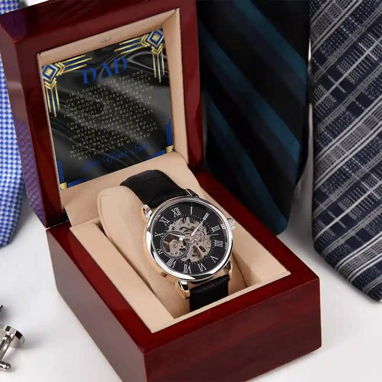 Men's Openwork Watch with to dad greeting card in a mahogany box on a night stand 